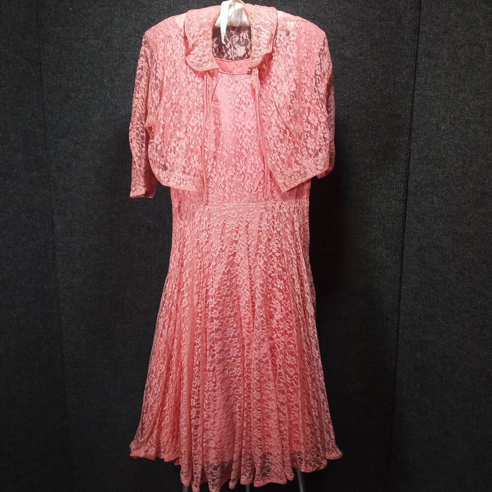 1950's Coral Lace and Taffeta Party Dress with Lace Bolero